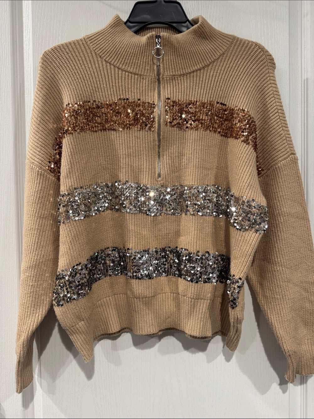 Nine West XXL NWT Sequin Stripe Quarter Zip Sweater